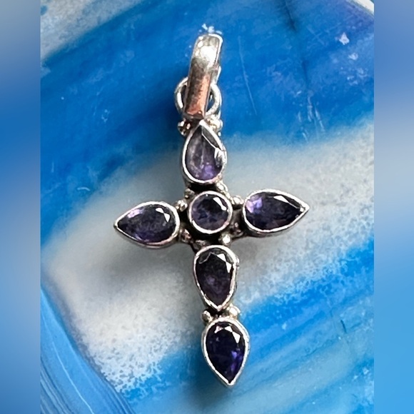CROSS Amethyst Pendant Sterling Silver Pave Set Deep Purple Tear Drop Round 4030 - Picture 6 of 10